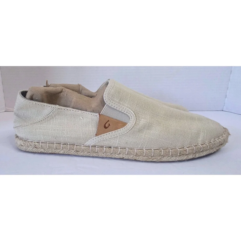 OluKai Kaula Pa'a Kapa Linen Espadrille Slip On Shoe Beige Tan 10M